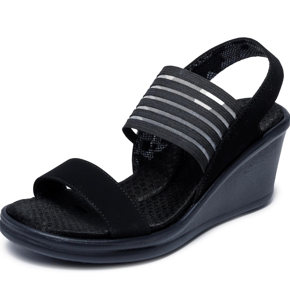 New Skechers Black Wedge Sandals with Comfort Footbed